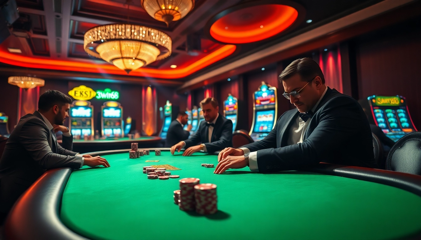 Excited players betting at a luxurious poker table in a vibrant casino themed around 33win68.