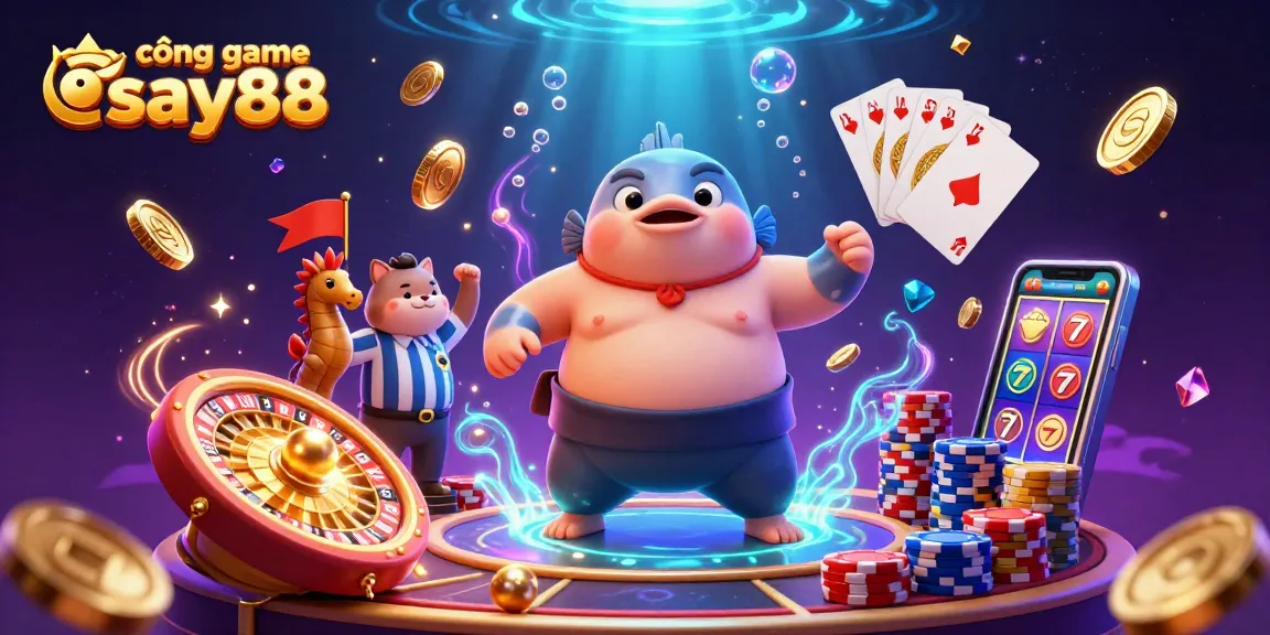 Engage with cổng game say88 in this vibrant underwater casino scene featuring iconic game elements.