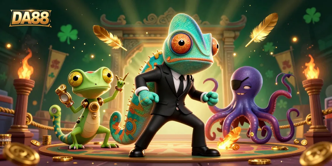Experience the action of DA88 in a vibrant casino scenario with dynamic characters and golden elements.