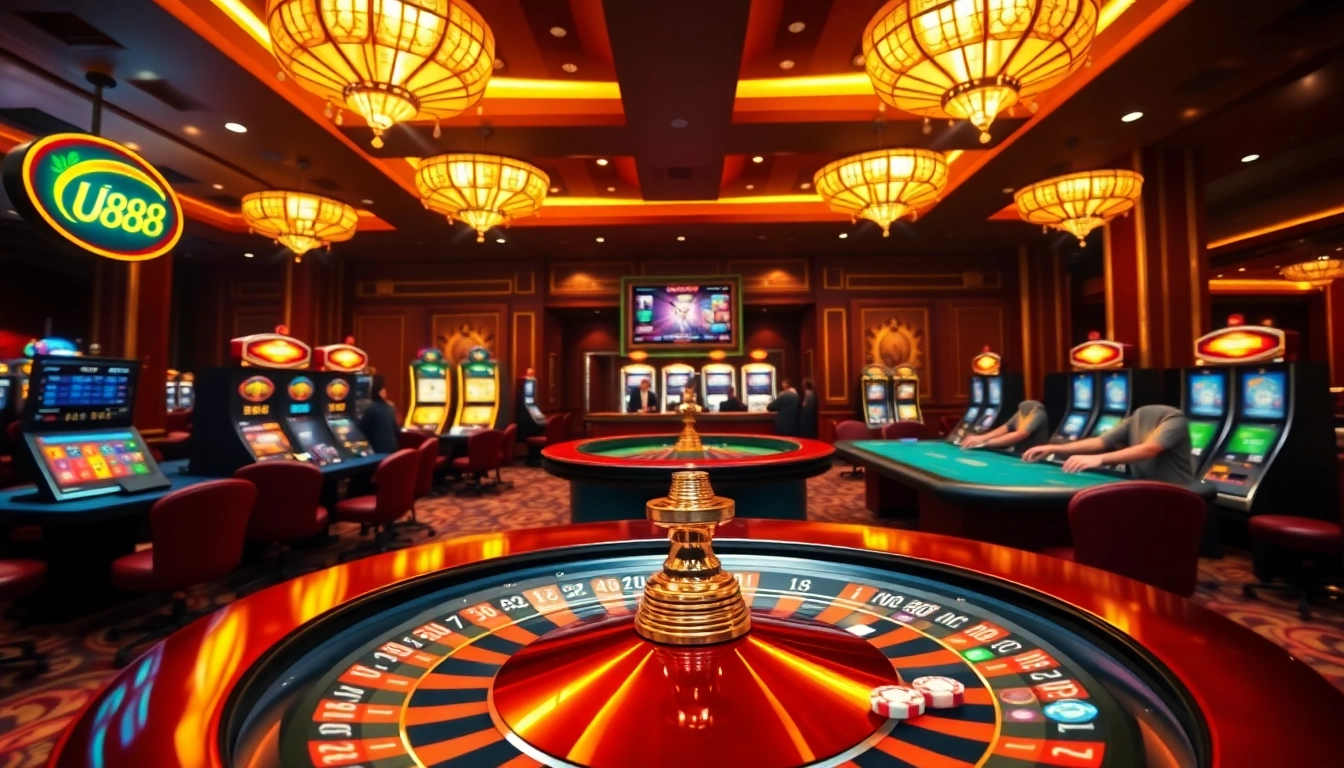 U888 gamblers placing bets at a lively casino table with vibrant graphics and poker chips.