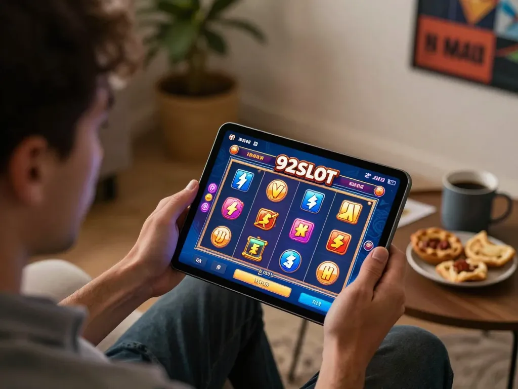 Player enjoying a thrilling moment on 92slot's online slot game interface, showcasing vibrant graphics and engaging gameplay