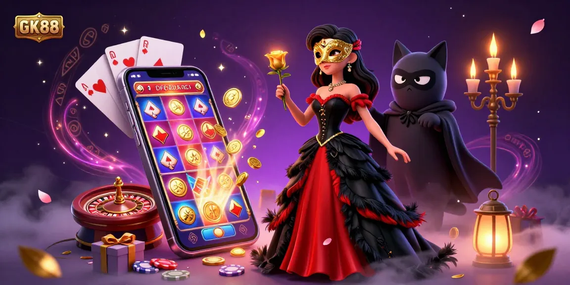 Playing stunning slots and winning at GK88 casino with a glamorous themed background.
