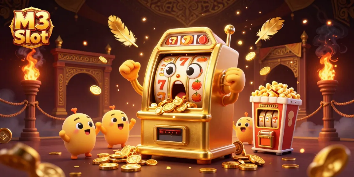 Experience the thrill of M3 Slot with a vibrant 3D illustration of a golden slot machine hitting a jackpot amidst festive casino elements.