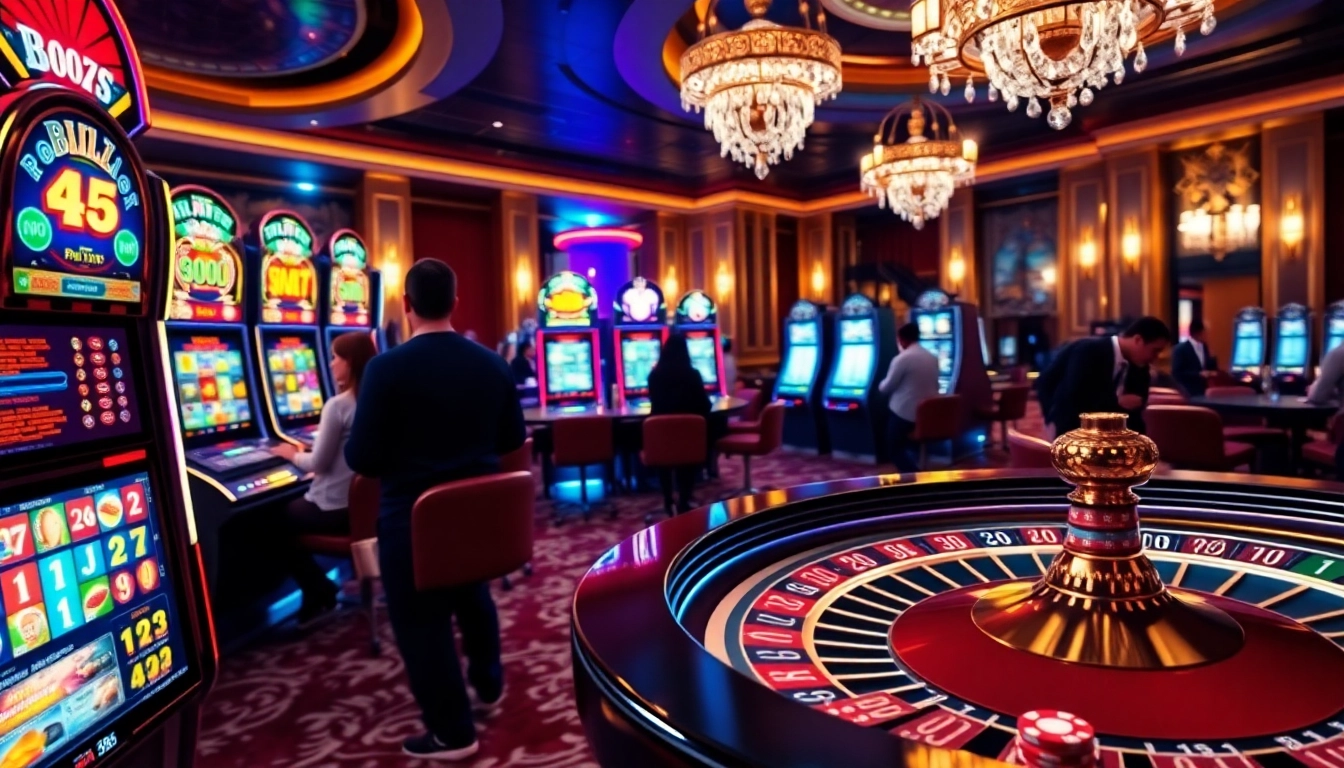 Vibrant atmosphere in a nouveau casino en ligne, showcasing exciting slot machines and roulette tables.