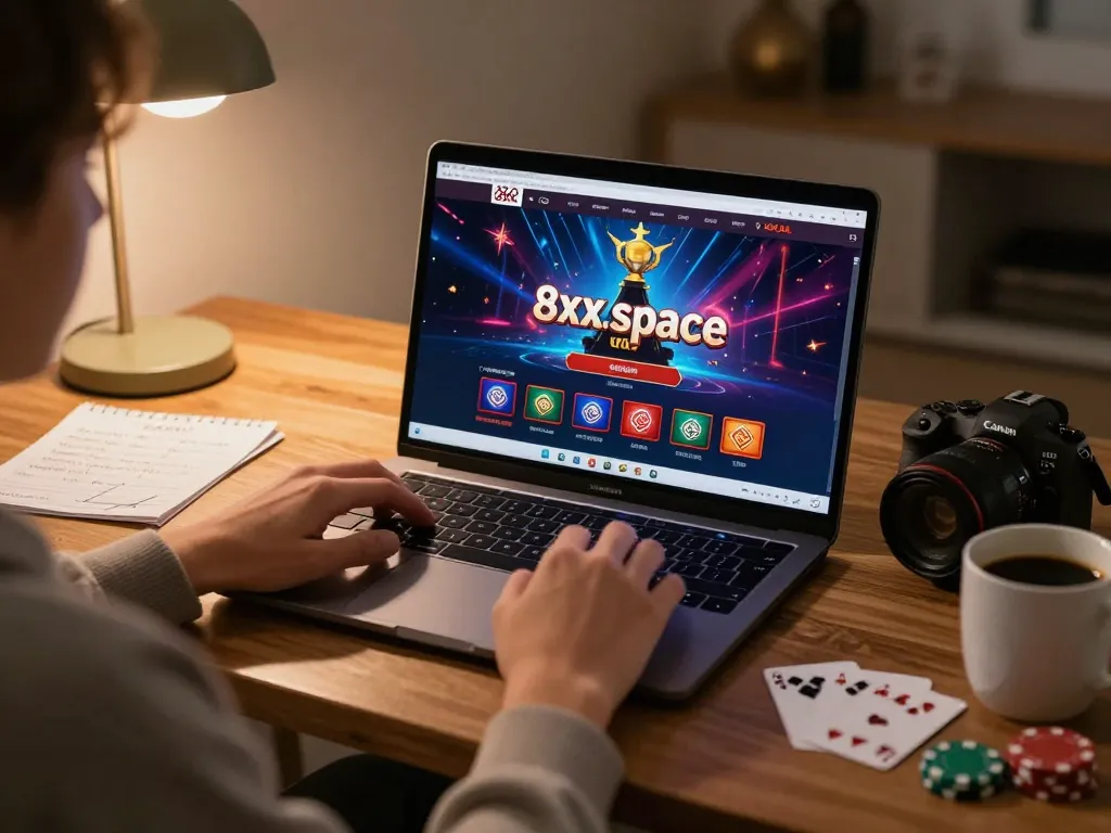 A person engaged in online gaming on 8xx.space, showcasing a strategic setup with casino elements in a cozy home.