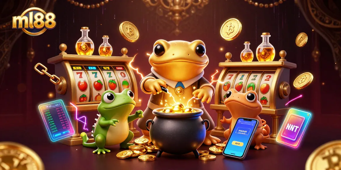 Engage in immersive gameplay with ml88's exciting slot symbols and figures clashing in a dynamic casino scene.