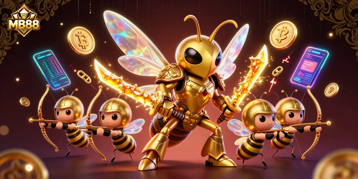 Engage with MB88's online casino atmosphere featuring heroic hornet warriors amidst glimmering crypto coins.