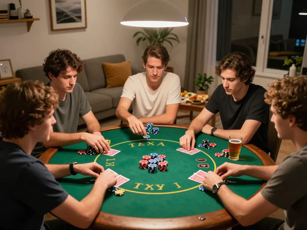 Friends are engaged in a Texas Hold'em game at home, strategizing their next bets with PH22 ambiance
