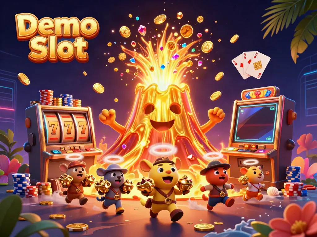 Experience thrilling gameplay with Demo Slot, featuring vibrant symbols and triumphant volcano, perfect for casino enthusiasts.