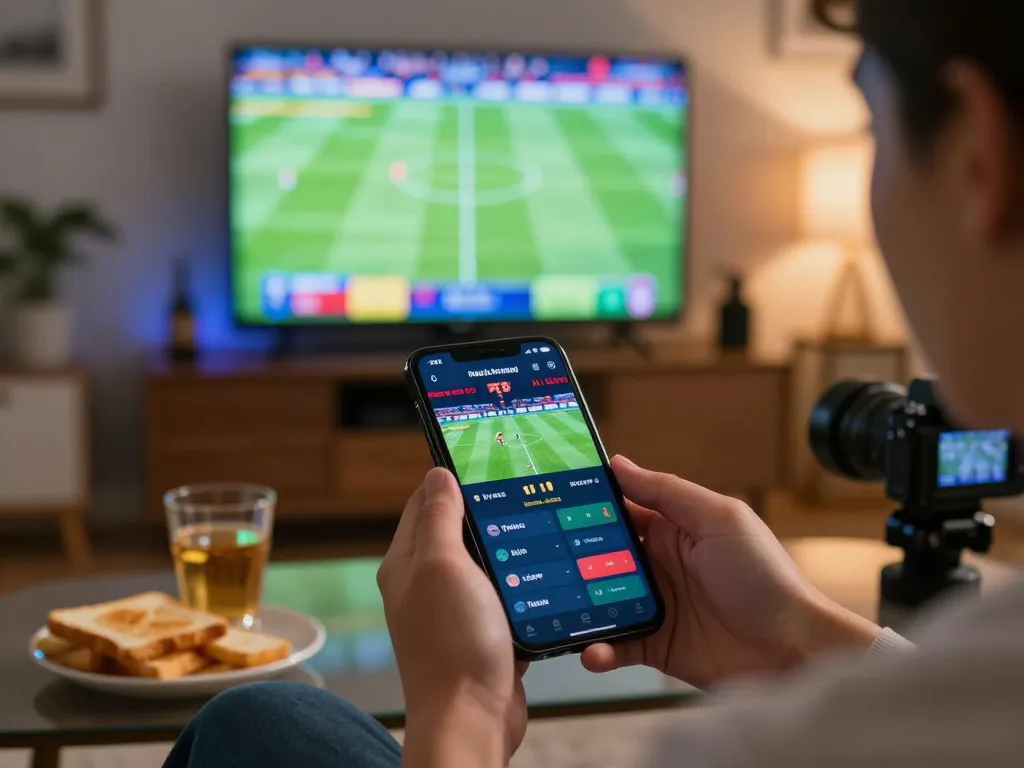 Person betting on a sports game via smartphone, showcasing vaobet options at home.