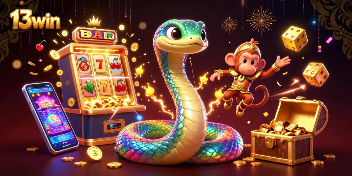 Engage with 13win's vibrant casino scene featuring a mystical serpent and jackpot excitement.