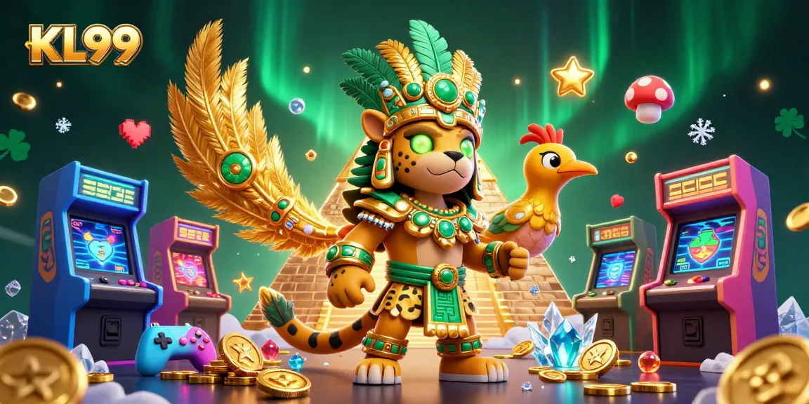 KL99 showcases vibrant casino elements with a Mayan jaguar priest and quetzal bird game companions.