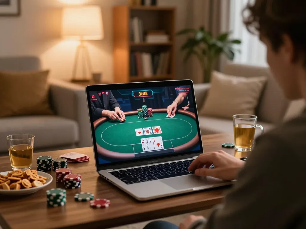 Rik88 gaming scene showcasing an engaged player in online poker with lively strategy.