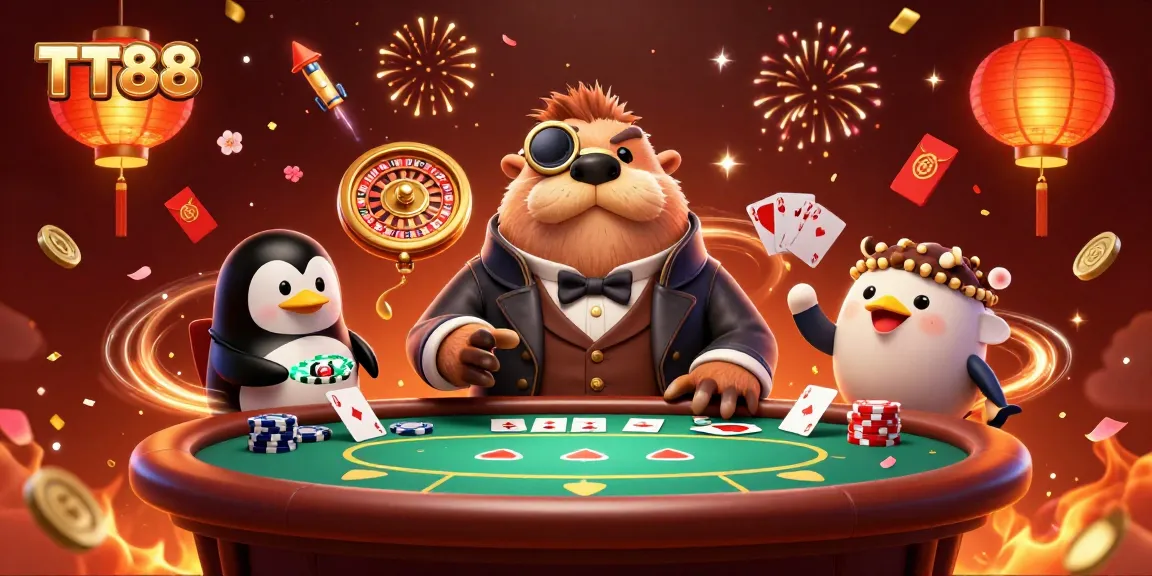 Experience TT88 excitement with a jolly walrus and friends at an underwater poker table.