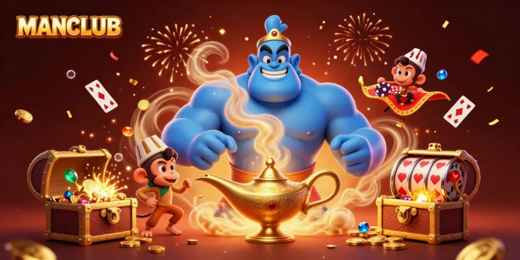 Engage with MANCLUB's dynamic genie and monkey as they bring the casino to life with sparkling treasures and lively poker game elements.