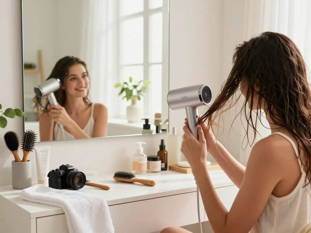Young woman using a Laifen hair dryer in a chic bathroom for her morning routine.