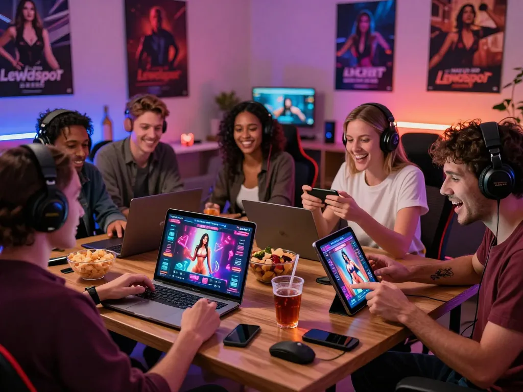 Engaged adults playing free porn games on laptops and tablets in a cozy gaming environment.