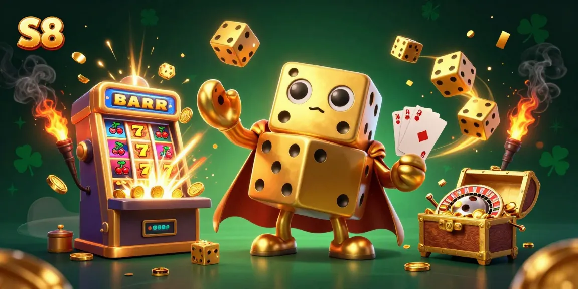 S8 invites players to experience a vibrant casino scene with a golden dice golem and exciting game elements.