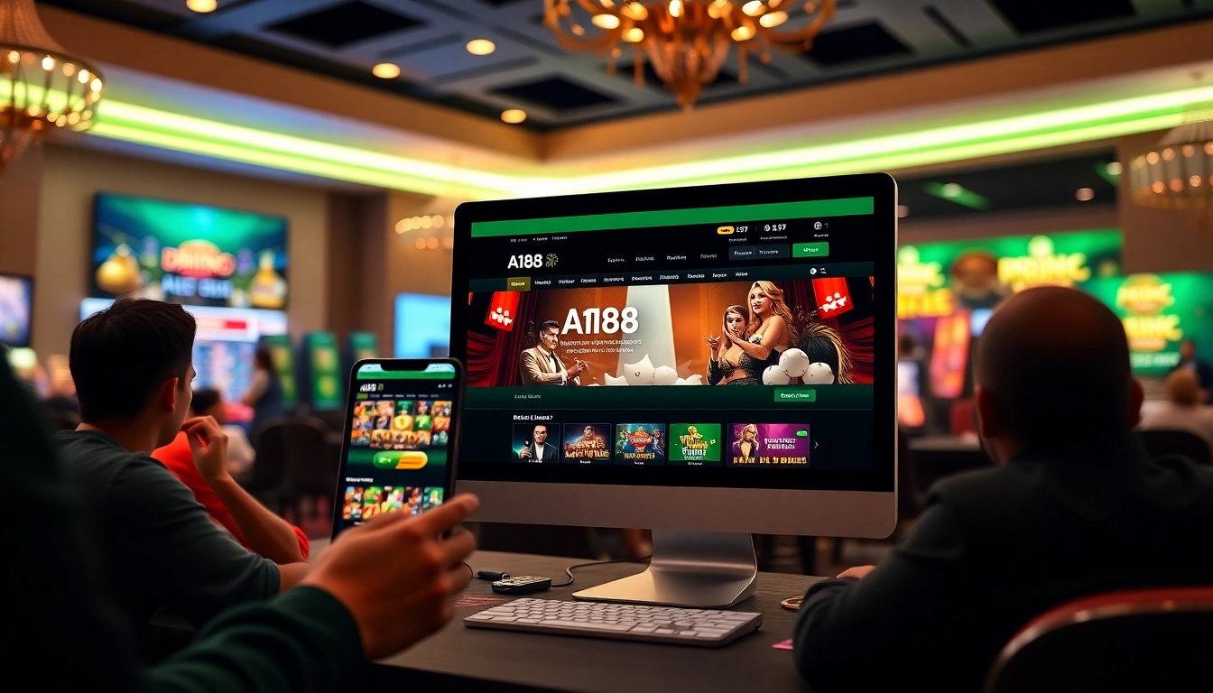 A188 online casino interface displayed on multiple devices with vibrant colors and engaging graphics.
