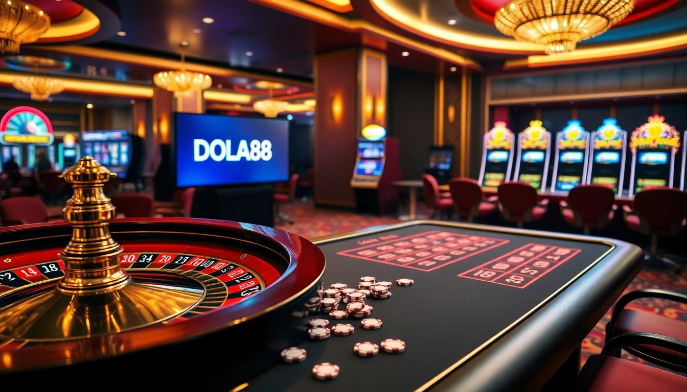 Engaging casino ambiance representing DOLA88 with poker chips and a roulette wheel in action.