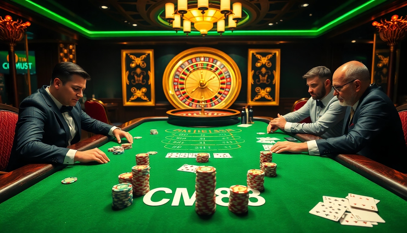 High-stakes poker game at a luxurious casino featuring CM88-themed elements, vibrant chips, and focused players.