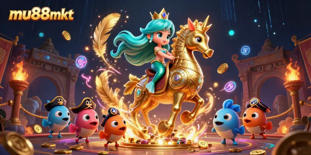 Experience the vibrant world of mu88mkt with a colorful casino-themed illustration, featuring a mermaid princess and her sea companions.
