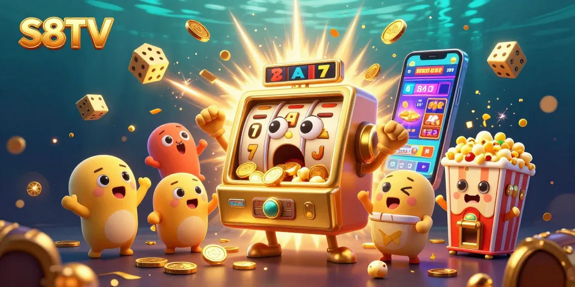 S8TV slots machine triumphs in winning coins, surrounded by cheers and vibrant casino elements.