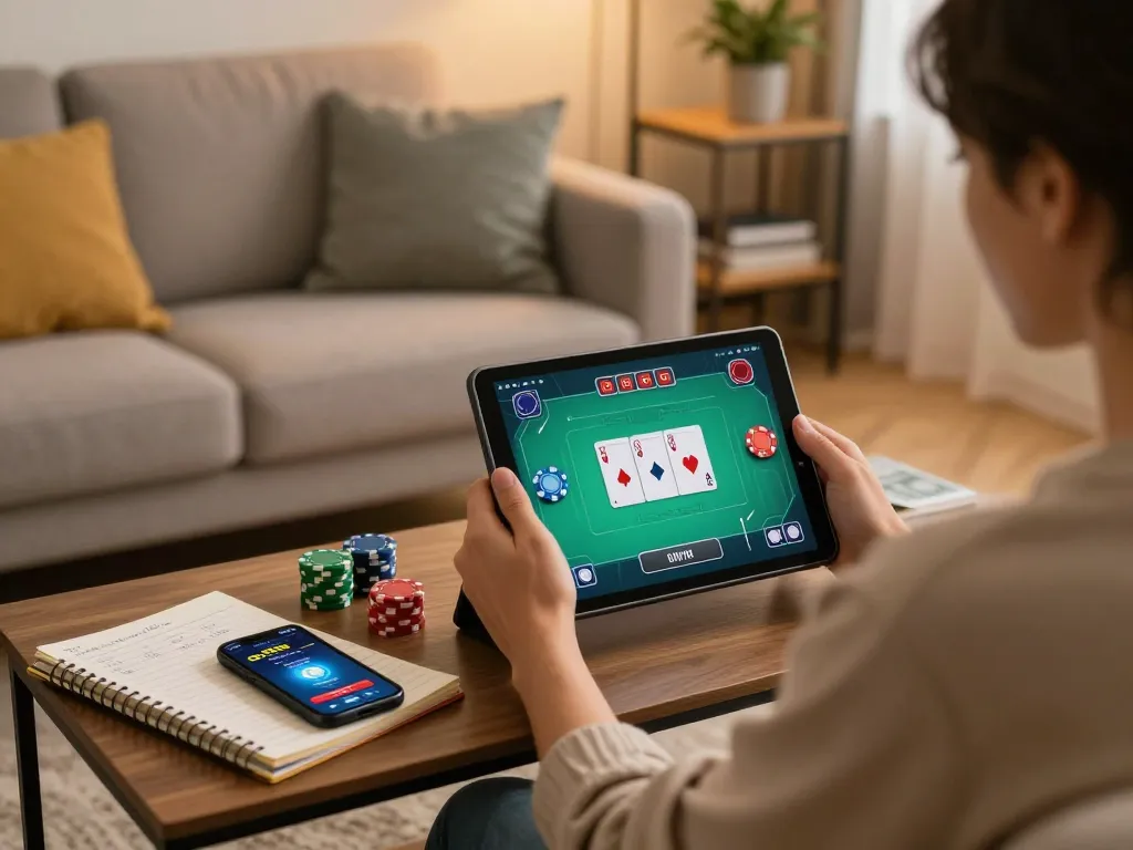 Engaging online poker session at home with bin88 gaming strategy notes visible.