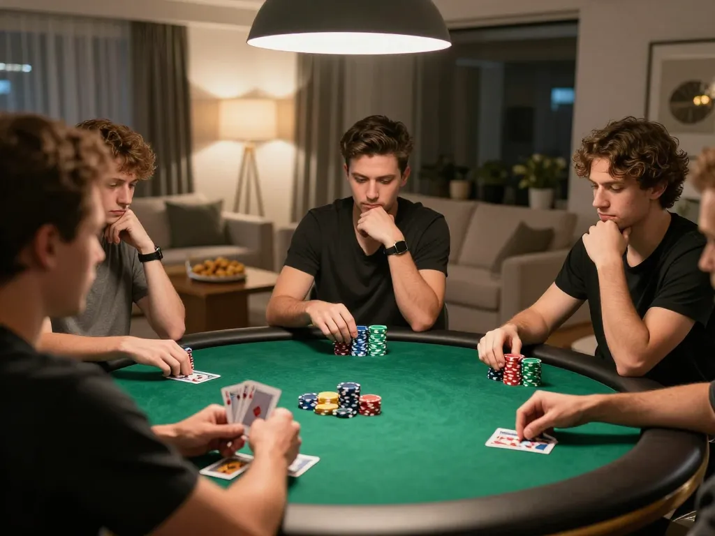 TẢI VB88 app while enjoying a poker night with friends in a cozy living room atmosphere.