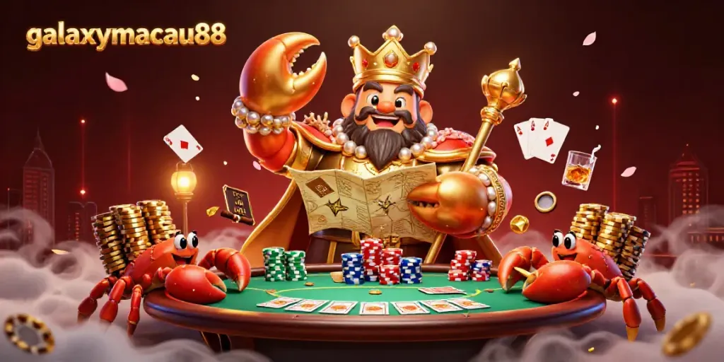 Experience thrilling action at galaxymacau88 with a vibrant casino scene featuring a golden crab emperor!