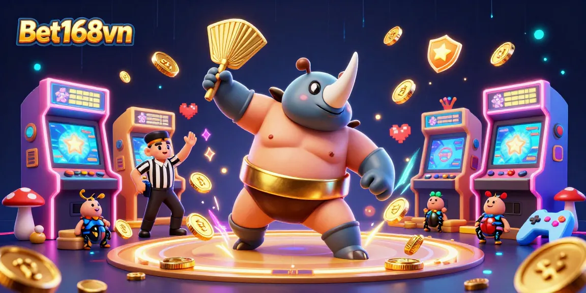 Bet168vn offers exciting gaming visuals featuring a powerful beetle champion stomping coins in a colorful casino atmosphere.