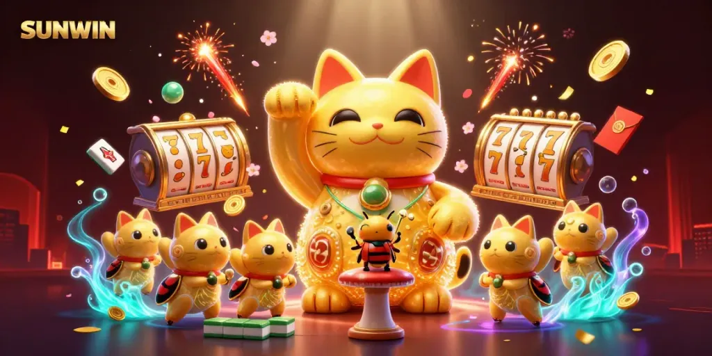 SUNWIN showcases an animated lucky cat formed by fireflies, illuminating the world of online gambling.