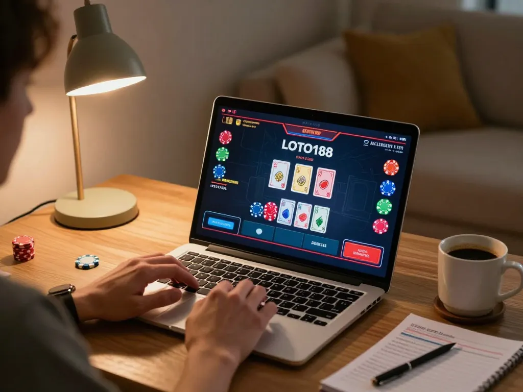 Engaging in loto188 online gaming with live dealer interface on laptop, cozy home setup.