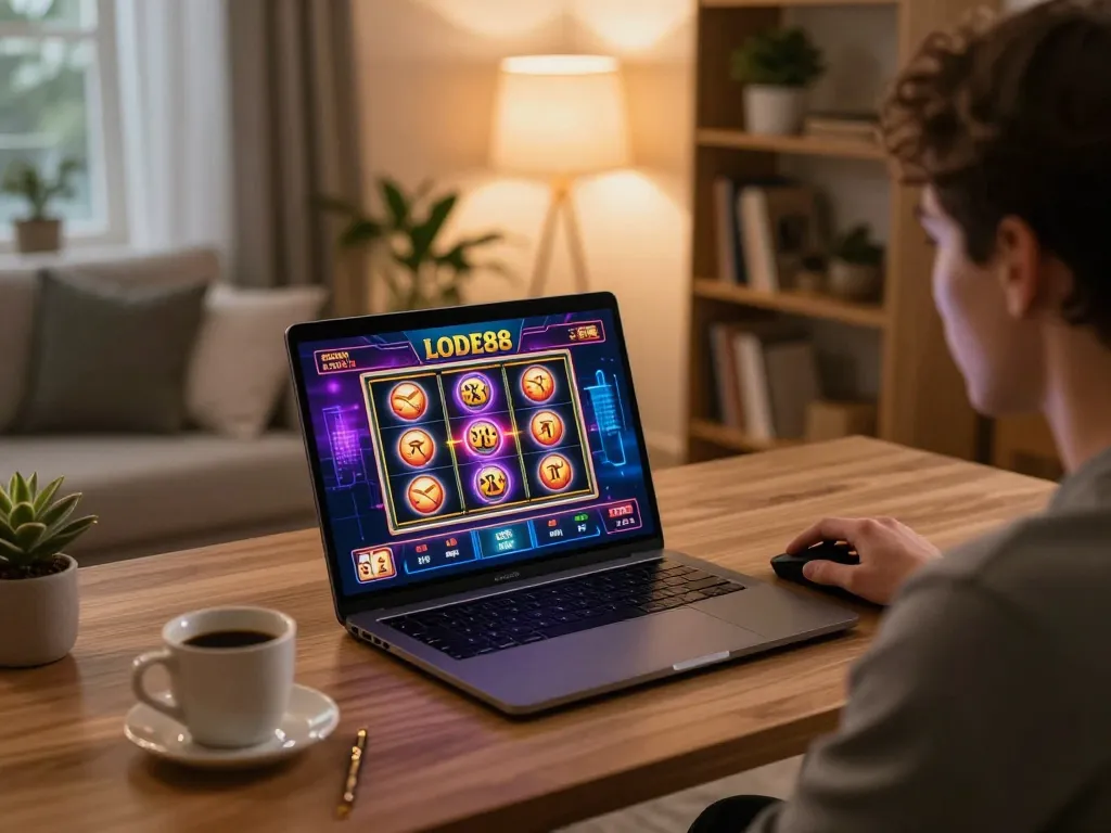 Engaging in lively LODE88 online casino gameplay with vibrant slot reels on laptop in cozy home setting.