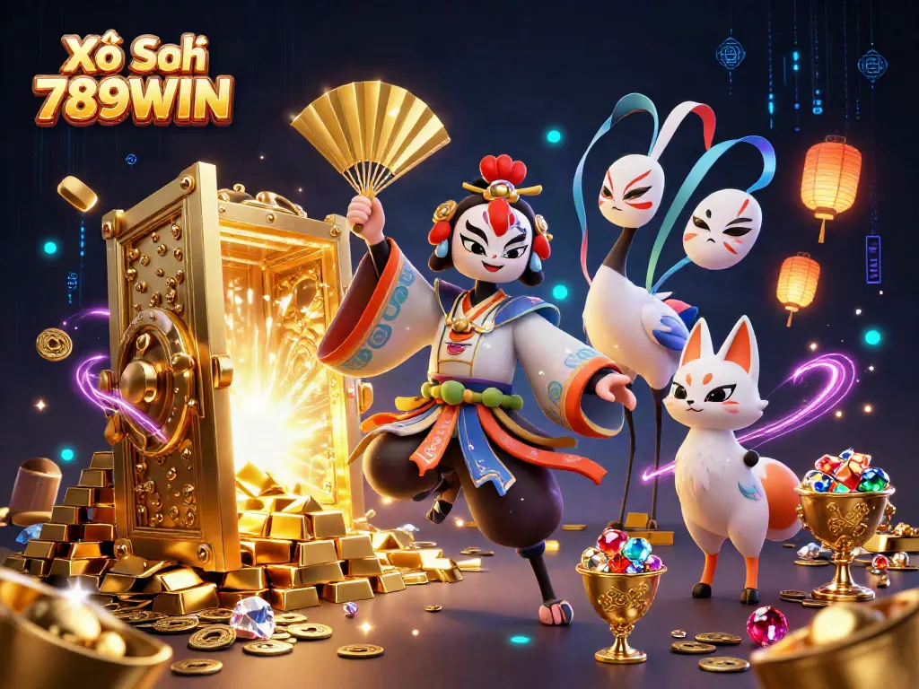 Xổ Số 789WIN showcases a kabuki warrior crane and kitsune in a vibrant lottery scene, surrounded by treasures.