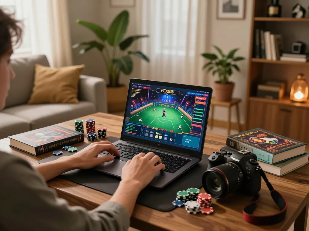 Engaging YO88 gameplay on laptop at home with poker chips and strategy notes.