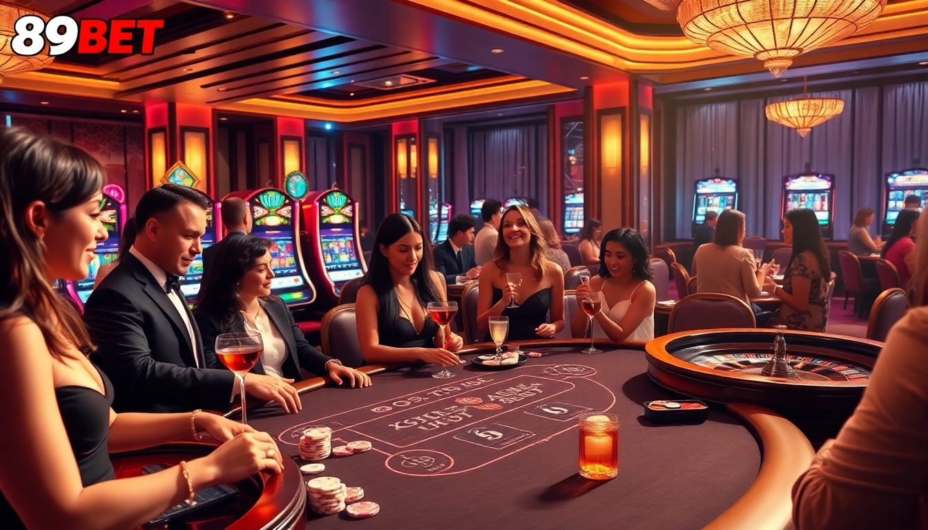 Exciting casino action at https://89bet.in.net/ with players enjoying poker and vibrant slot machines.
