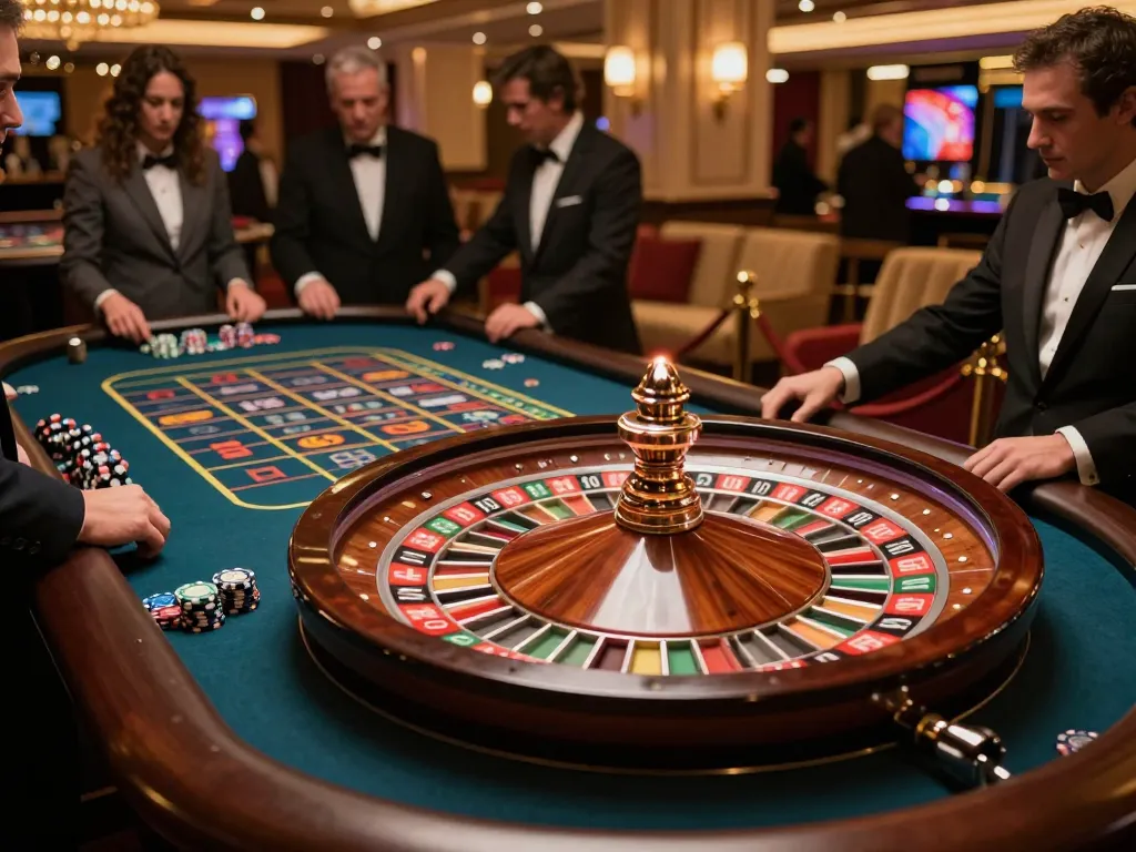 Experience the thrill of betting at bet88 with players engaged at a roulette table in an upscale casino