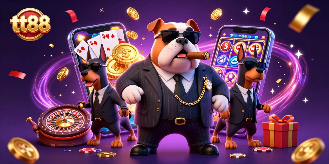 Join the thrill at tt88 with a vibrant casino scene showcasing a mafia bulldog and Doberman bodyguards.