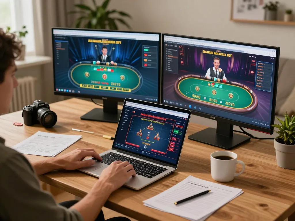 Player enjoying online poker at home on 678vip platform with strategic notes and ambient lighting