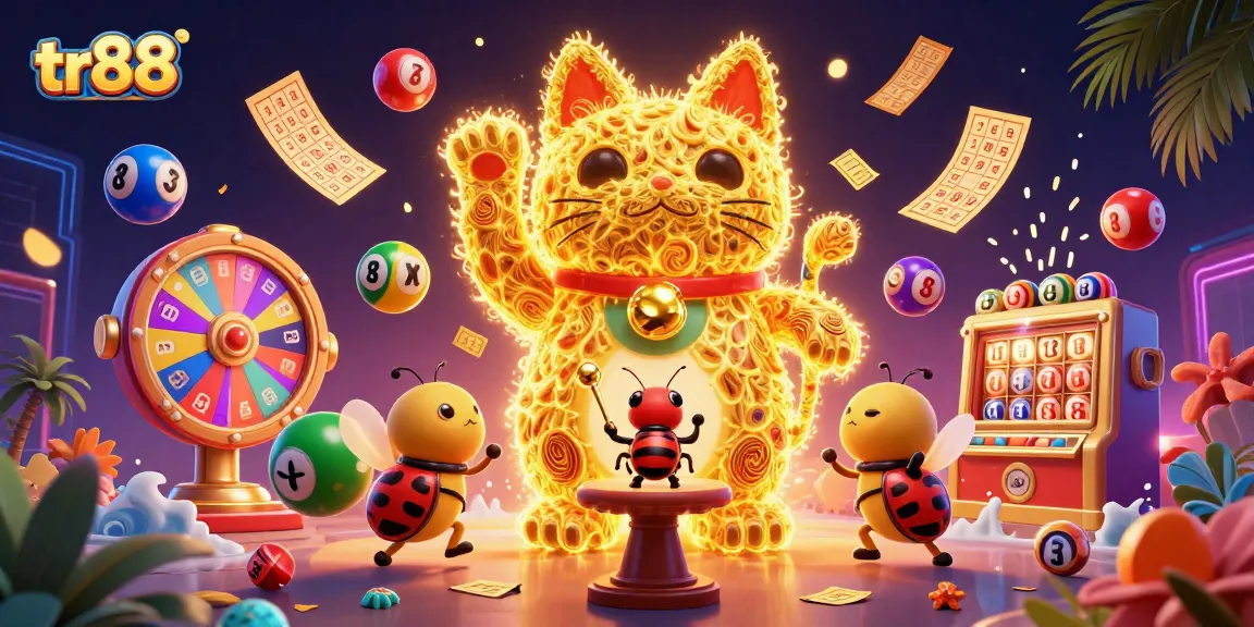 Engage with tr88's vibrant casino experience featuring a dynamic lucky cat and lucky symbols.