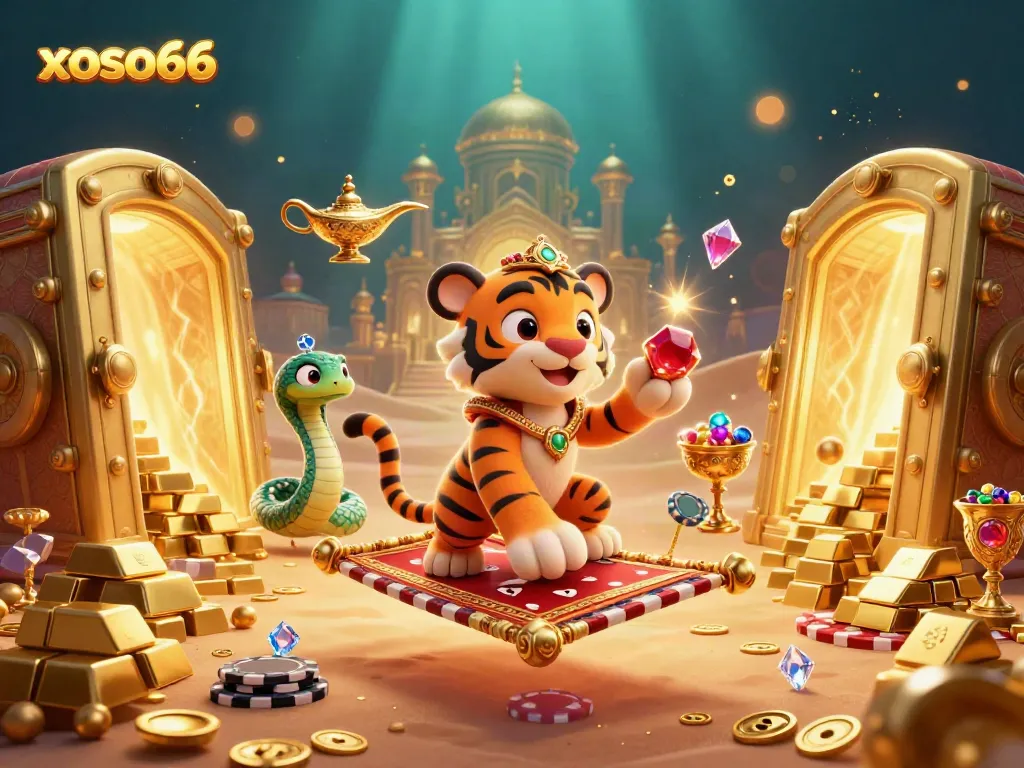 Win big at xoso66 with a lively casino scene featuring enticing gold and gemstones.