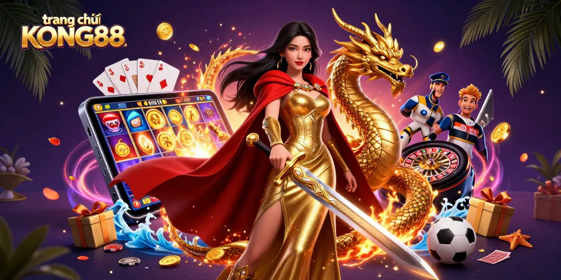 Experience thrilling gameplay at trang chủ KONG88 with a majestic warrior queen and vibrant game elements.