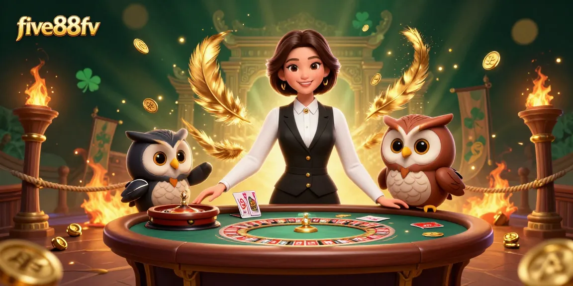 Experience the excitement of five88fv gaming with a charming dealer scene filled with baccarat and roulette elements.