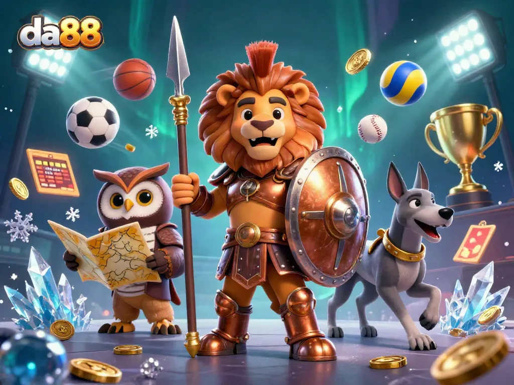 Experience thrilling action at da88 with dynamic sports betting featuring a Spartan lion, owl, and greyhound.