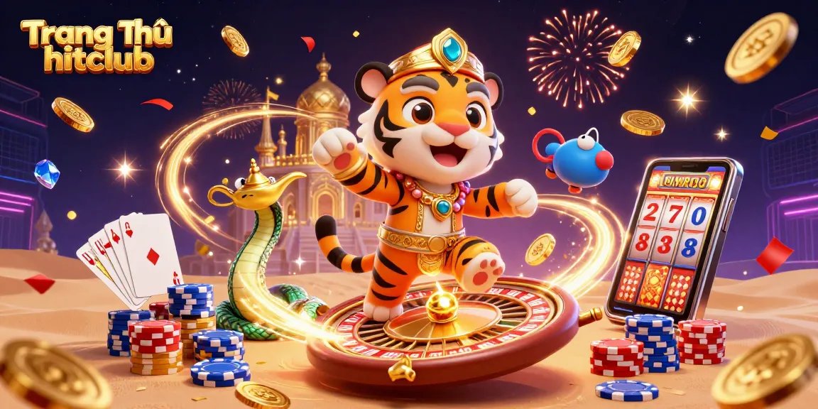 Engage with Trang Chủ hitclub featuring a dynamic casino scene with a vibrant tiger sultan on a carpet of poker chips surrounded by golden coins and gem stones.