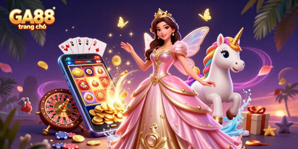 Experience GA88 trang chủ with vibrant gaming elements and glamorous characters celebrating casino adventures.