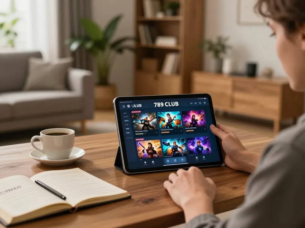 Player engaging with 789 club gaming app on a tablet in a cozy home setup, emphasizing responsible gambling.