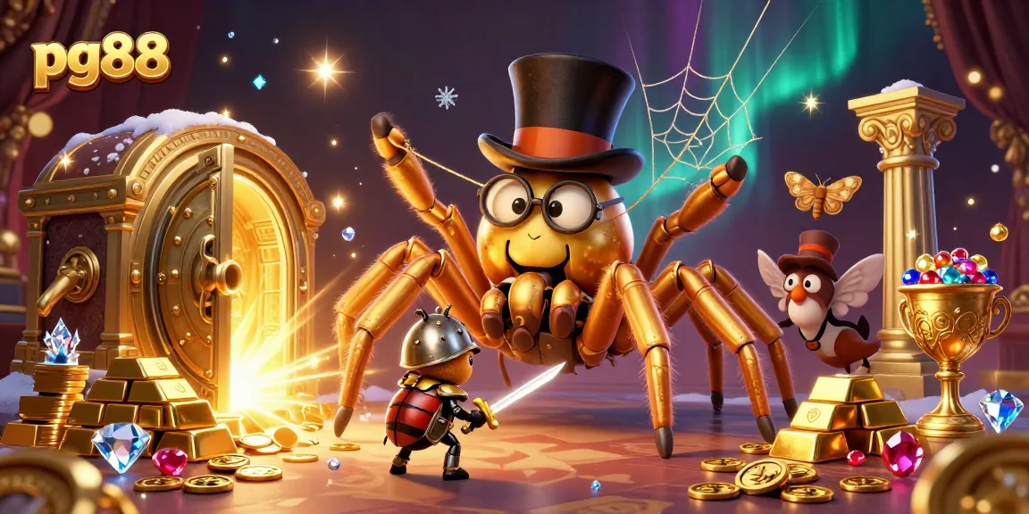 Win big at pg88 with a golden tarantula character captivating players at a casino scene.