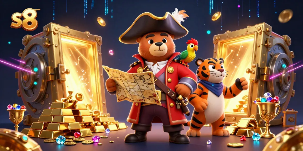S8 players discover adventure with the pirate captain, tiger first mate, and treasure elements in this illustration.
